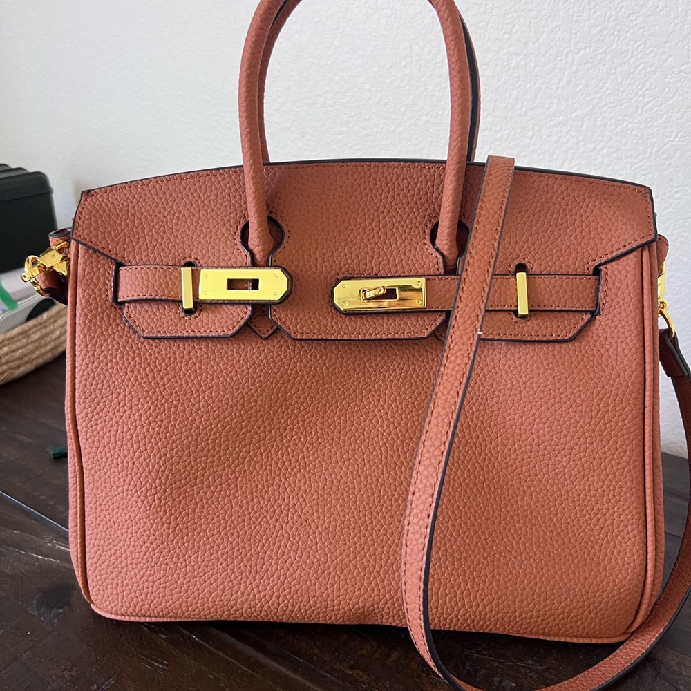 Tan Structured Satchel with Gold Hardware